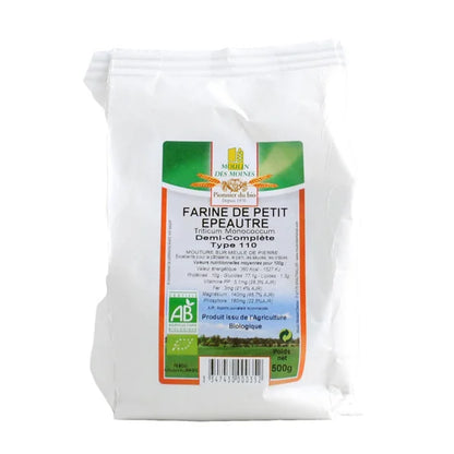 Moulin Des Moines -- Farine de petit épeautre demi-complète t110 meule de pierre bio (origine Autriche, Allemagne, France, Roumanie) - 500 g